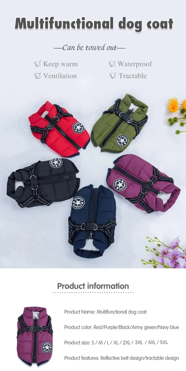 Warm Waterproof Winter Coat for Small Medium & Large Dogs