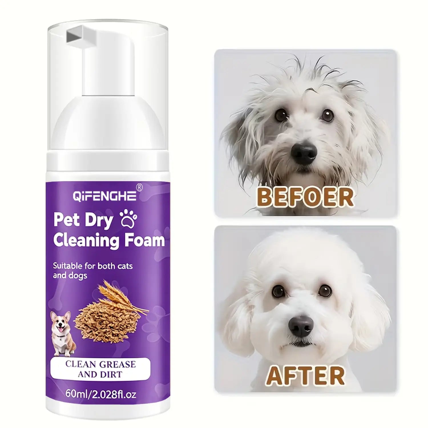 Waterless Pet Dry Shampoo Foam for Dogs & Cats - No Rinse Deodorizing Cleansing Mousse for Puppies & Kittens
