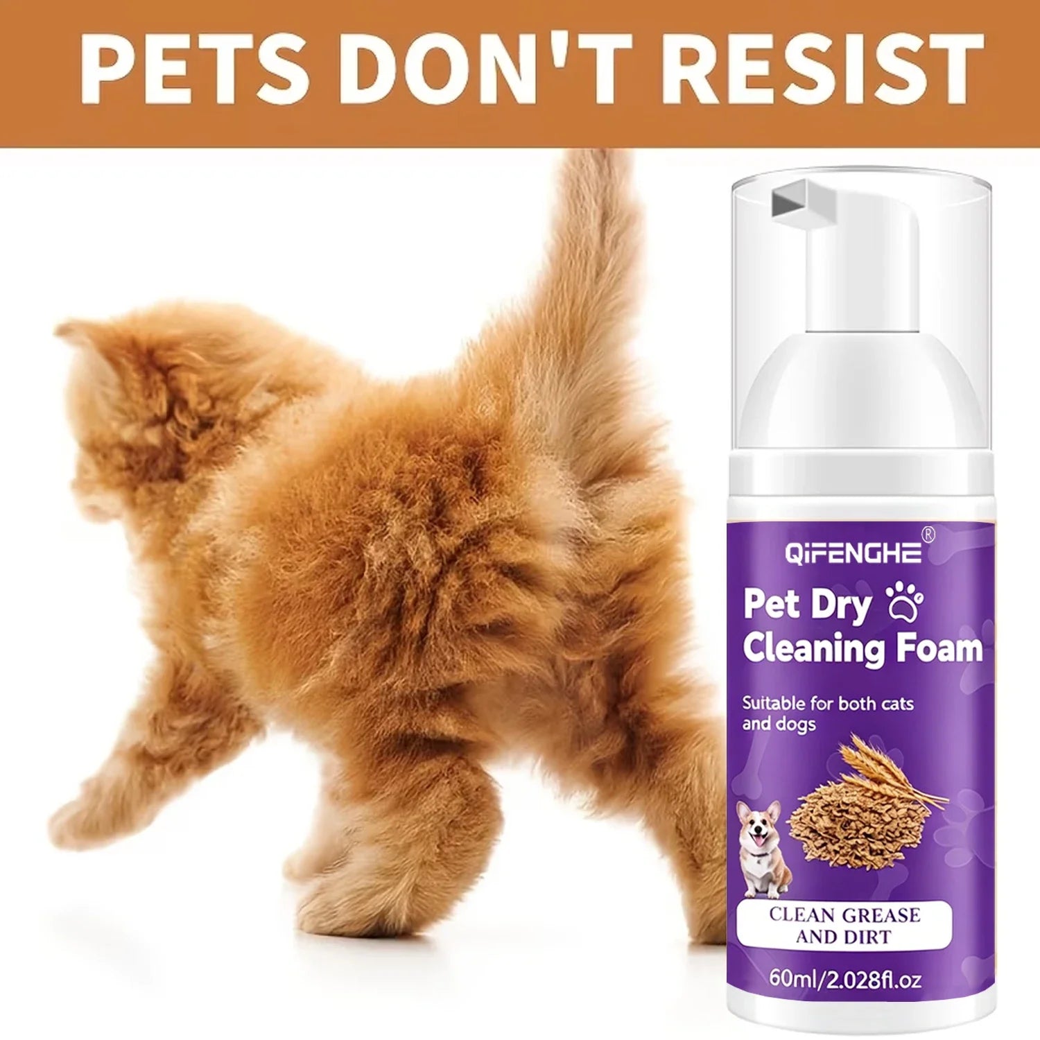 Waterless Pet Dry Shampoo Foam for Dogs & Cats - No Rinse Deodorizing Cleansing Mousse for Puppies & Kittens - 65ml