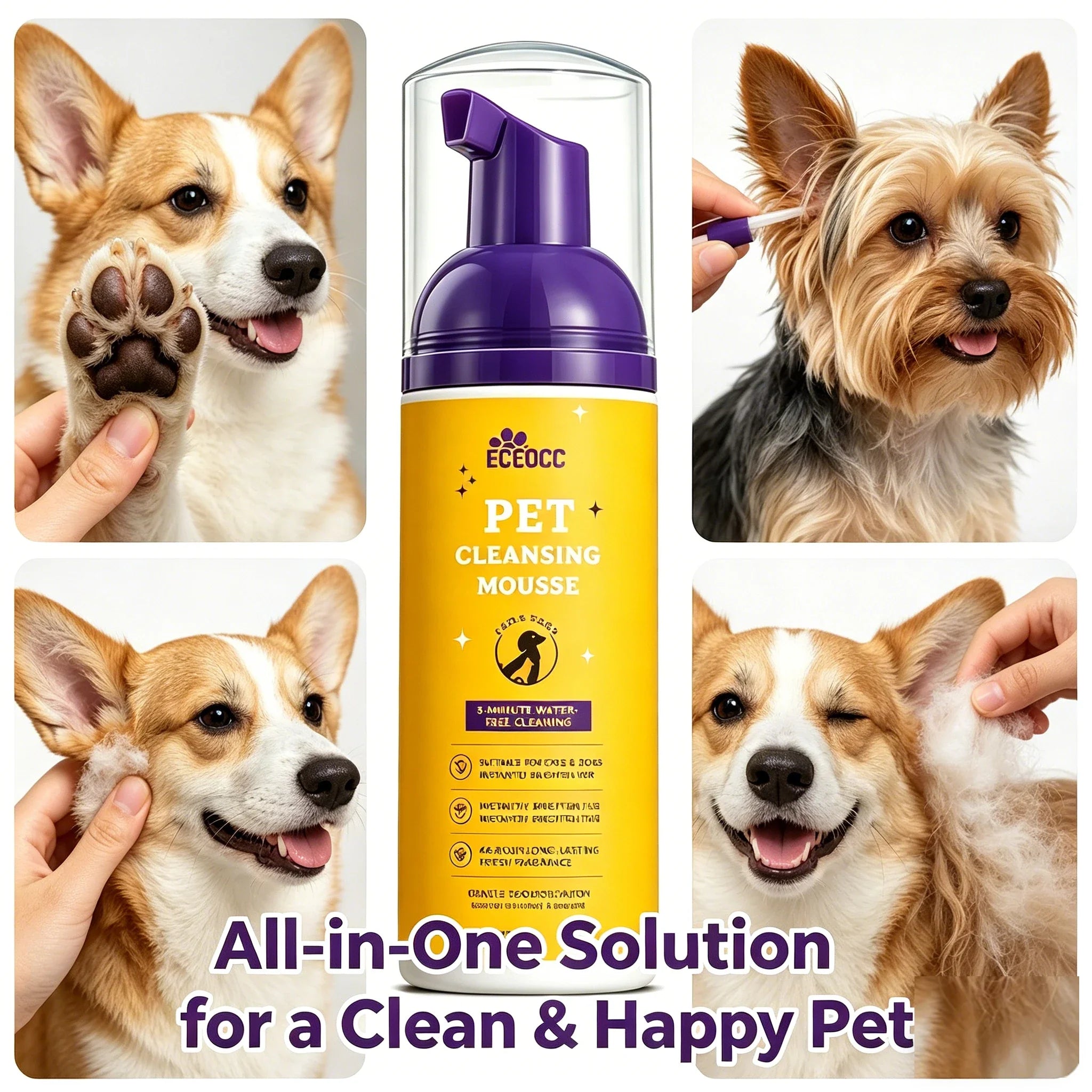 Waterless Pet Dry Shampoo Foam Mousse - No Rinse Cleansing Grooming Solution Gentle Clean Refreshing Hair Wash for Cats